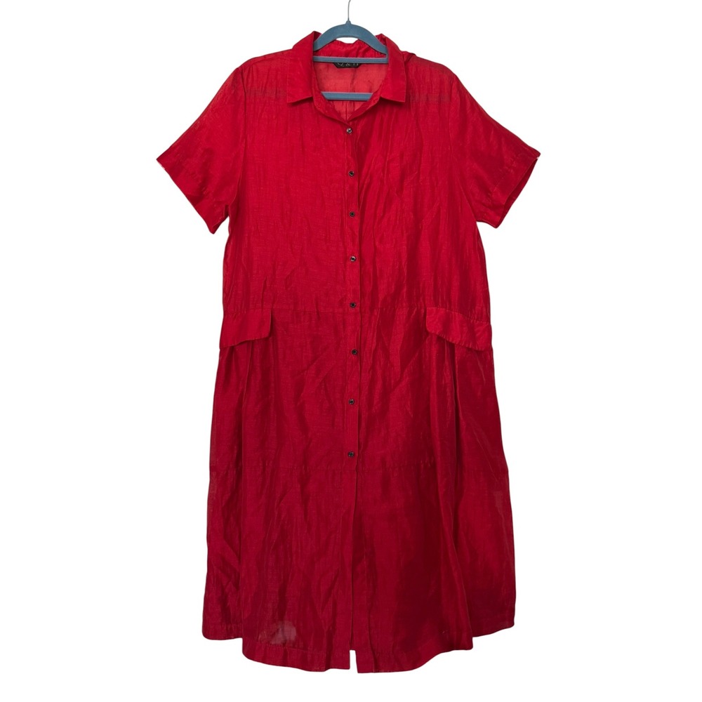 Red Linen Blend Short Sleeve Button Up Shirt luxury minimalist  dress